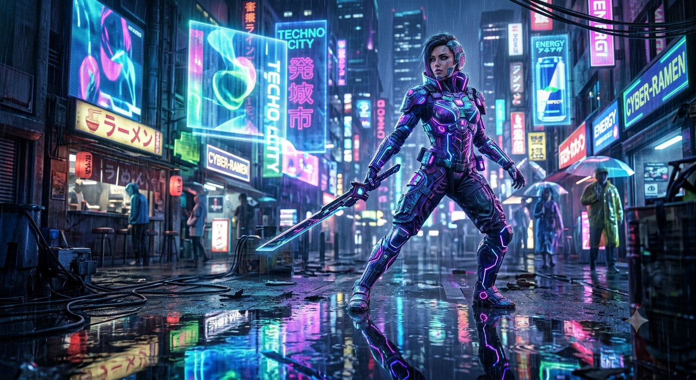 Cyberpunk Warrior Neon Tokyo Night AI Image Prompt
