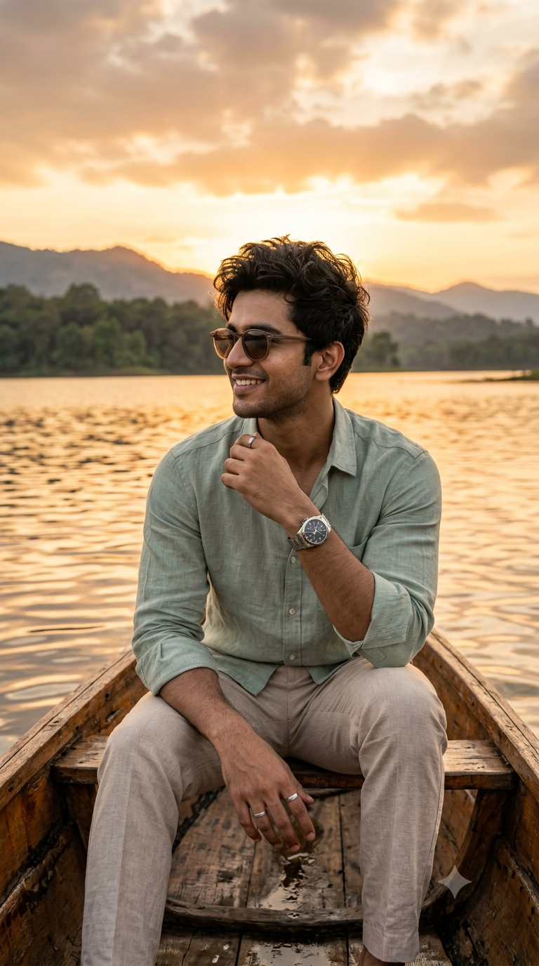 Ultra-Realistic South Asian Man Sunset Boat AI Portrait Prompt