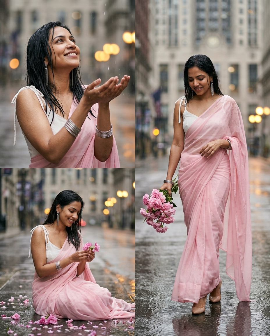 Rainy Day Pink Saree – Cinematic Indian Woman Photo Collage