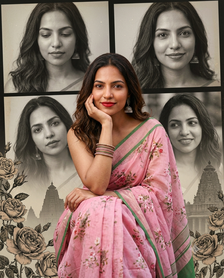 Vintage Film Strip Woman Portrait – Pink Saree Editorial Collage
