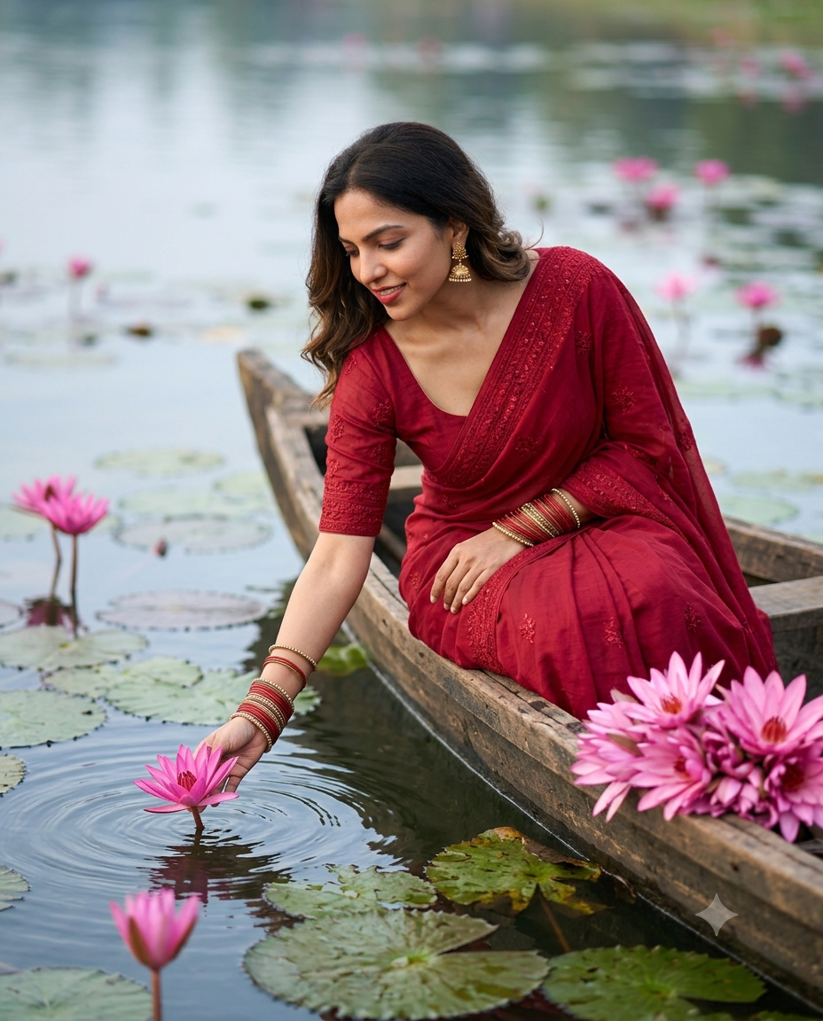 Crimson Saree Water Lily Portrait – Rustic Boat by the Lake