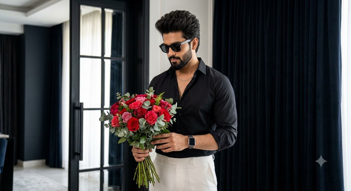 Luxury Rose Bouquet Portrait – Black Shirt & White Trousers