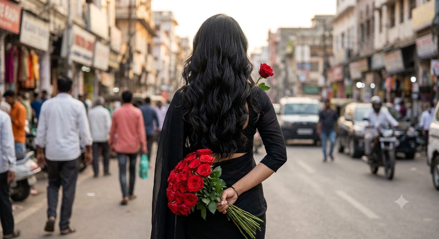 Elegant Indian Woman with Red Roses – Black Saree Portrait