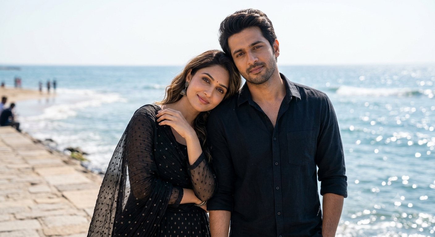 Candid Seaside Couple Portrait – Elegant Black Traditional Outfit