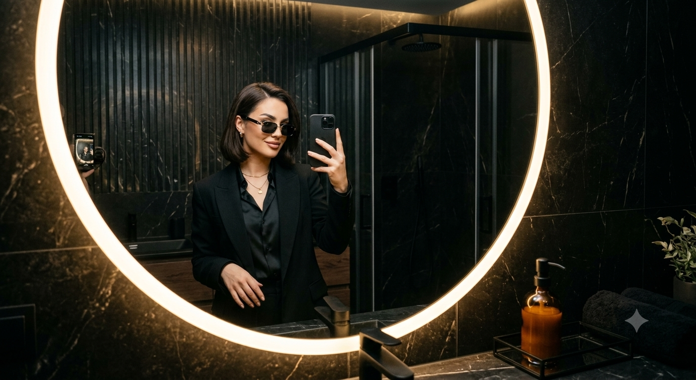 Luxury Black Blazer Bathroom Mirror Selfie AI Prompt