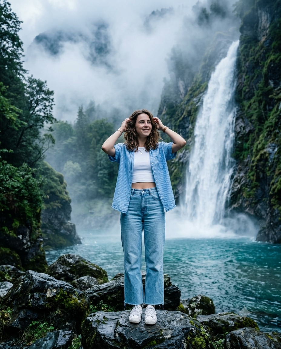 Waterfall Adventure Portrait – Realistic 4:5 AI Photo Prompt