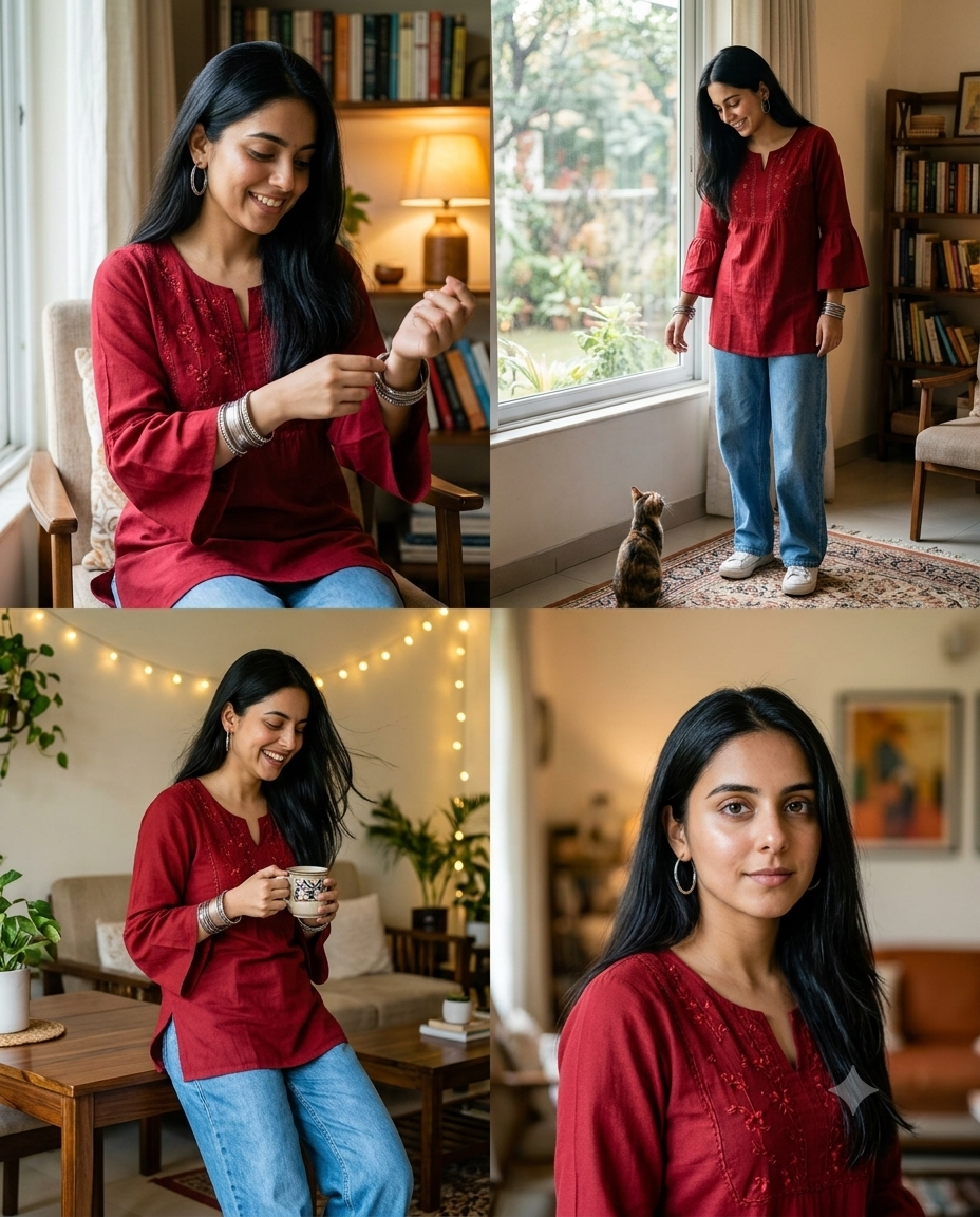 Aesthetic Red Kurti 4-Panel Portrait – AI Photo Prompt