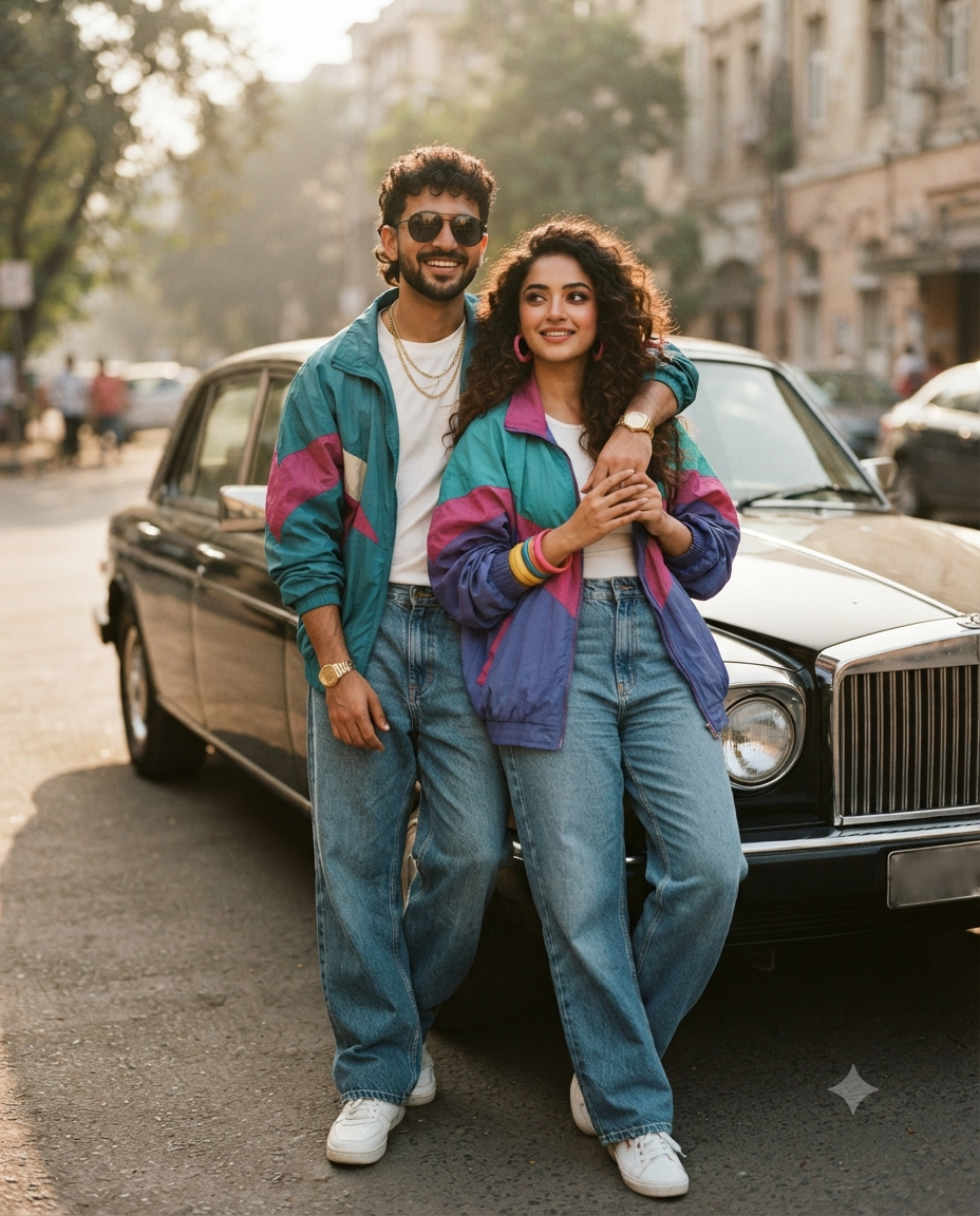 Retro Bollywood Couple Vintage Car Fashion AI Prompt